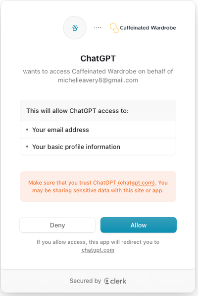 The ChatGPT OAuth Consent screen for Caffeinated Wardrobe
